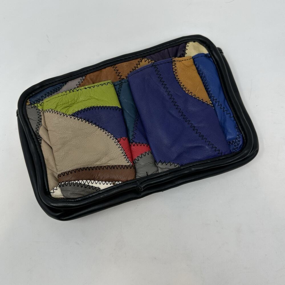Vtg Allan Edward Patchwork Leather Clutch Pouch Purse Retro 80s 90s Makeup bag